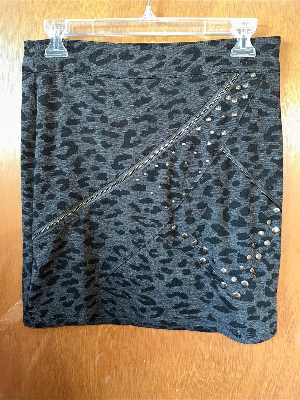 Kardashian Kollection Black & Gray Leopard Print Mini Skirt with Studs